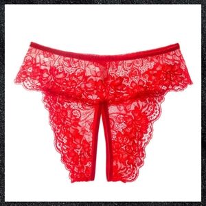 Red Sheer Floral Lace Crotchless Panty